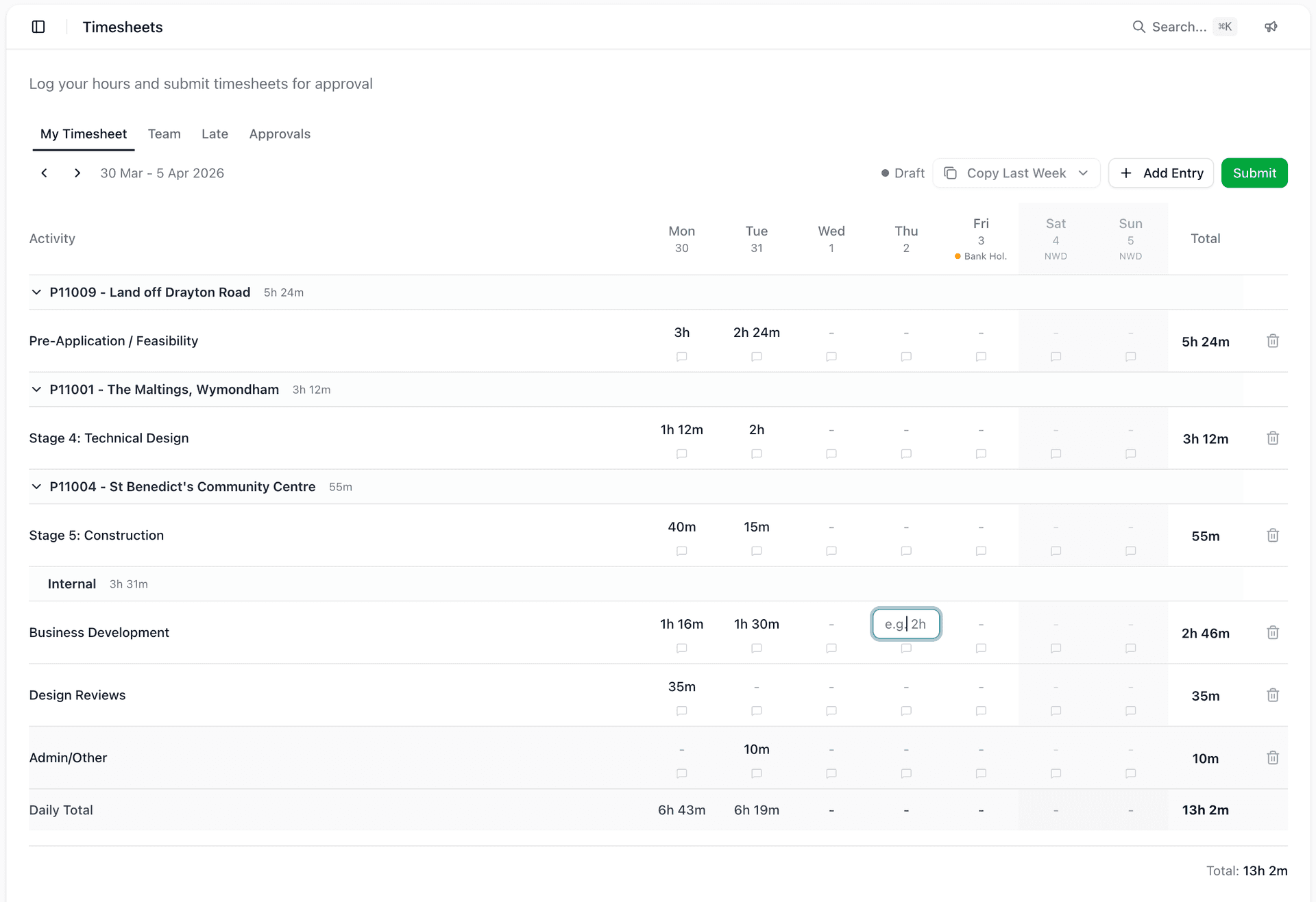 Timesheet entry grid