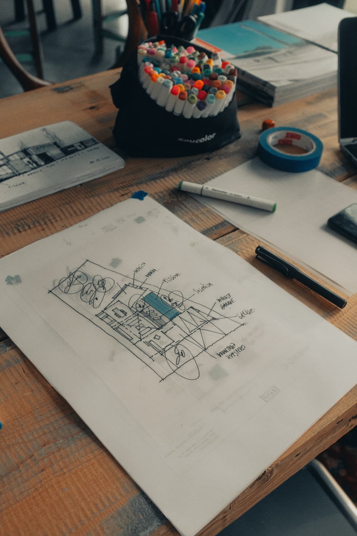 Architect sketching at a desk while reviewing upcoming project workload